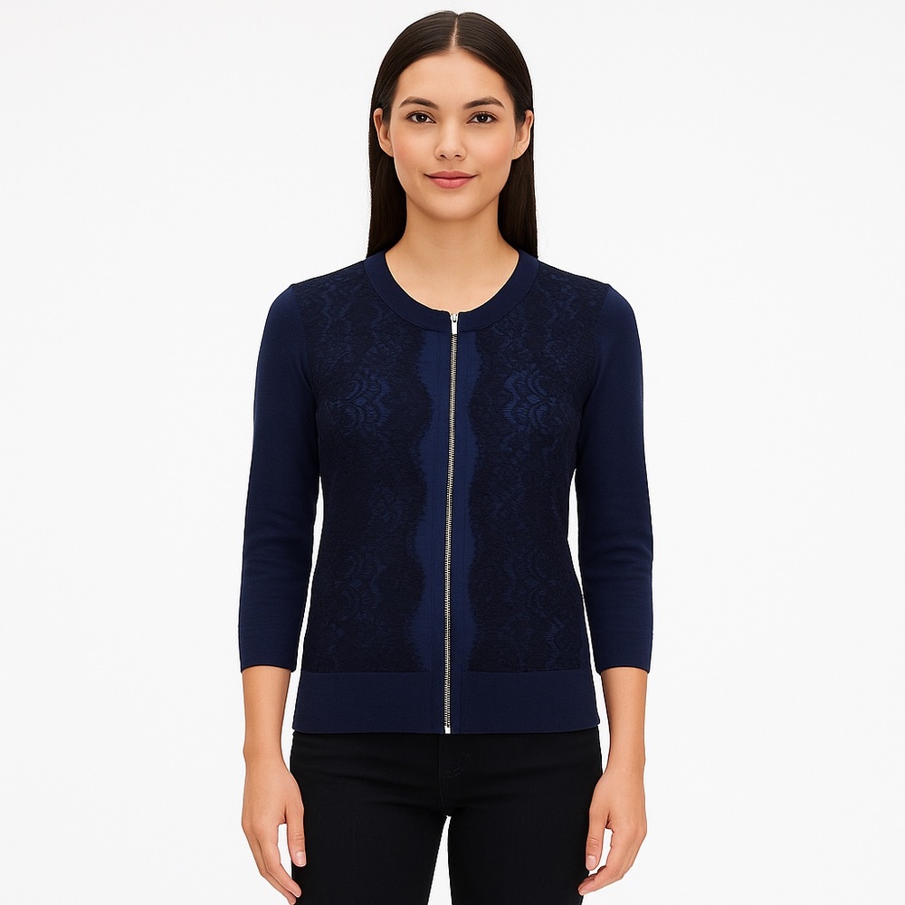 Banana Republic Navy Floral Lace Zip Front Knit Cardigan Sweater XS